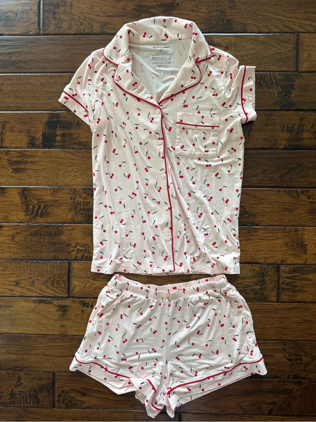 Tommy John Cherry-Print Short Sleeve Pajama Set - Light Pink With Red Trim. Nwot